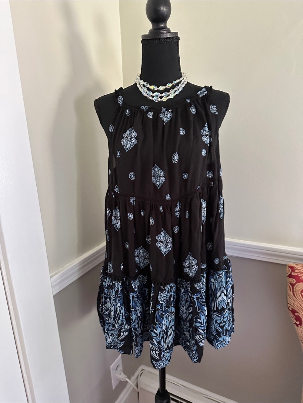 Free People Talk To Me Trapeze Dress Blue Floral Print(B)